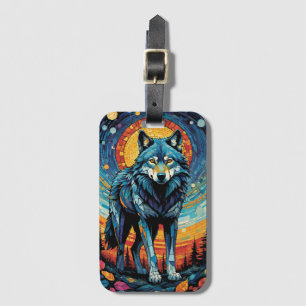 Etiqueta De Bagagem Ilustração Mosaica Colorida do Lobo Majestoso