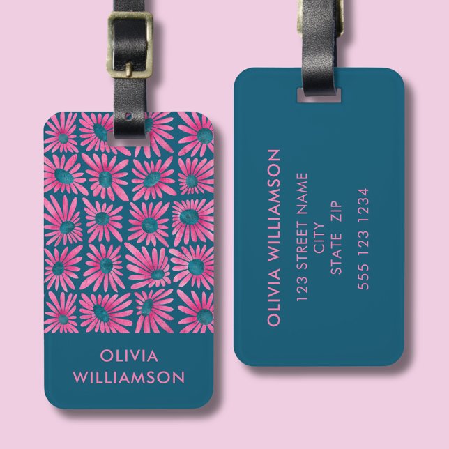 Etiqueta De Bagagem Impressão de bloco floral retrô moderno (Modern Pink retro floral daisy block print luggage tag with customizable details.)