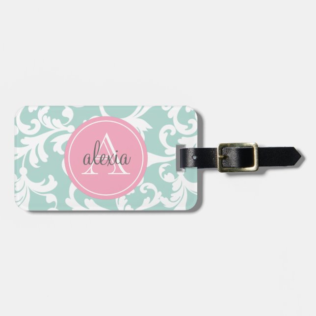 Etiqueta De Bagagem Impressão de Mint e Pink Monogrammed Damask (Frente Horizontal)