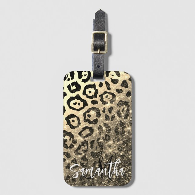 Etiqueta De Bagagem Impressão Leopard da Glitter do ouro (Frente Vertical)