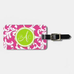 Etiqueta De Bagagem Impressão Monogrammed do damasco do verde limão