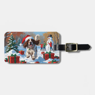 Etiqueta De Bagagem Inglês a correr em neve com chapéu de Natal
