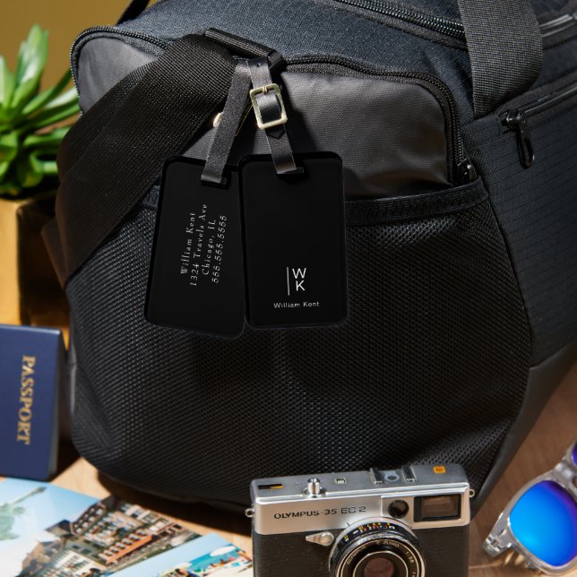 Etiqueta De Bagagem Iniciais de Masculione Preta e BrancaMonogramas +  (Frente e verso)