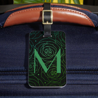 Etiqueta De Bagagem Inicial de Monograma Flor de Rosa Escura Verde Azu