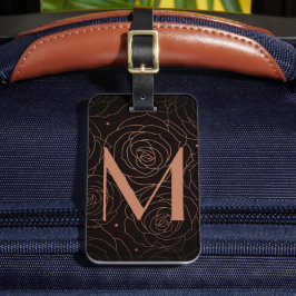 Etiqueta De Bagagem Inicial de Monograma Floral Escura Salmão Dourado