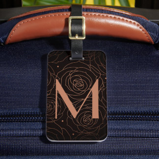 Etiqueta De Bagagem Inicial de Monograma Floral Escura Salmão Dourado