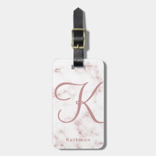 Etiqueta De Bagagem Inicial Monogrammed Dourado cor-de-rosa do mármor