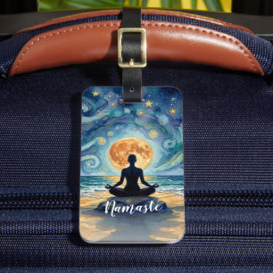 Etiqueta De Bagagem Ioga Meditação Céu Noturno Estrelado Lua Praia Oce
