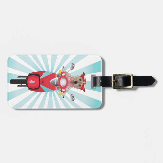 Etiqueta De Bagagem Jack Russell Terrier no Moped vermelho (Frente Horizontal)