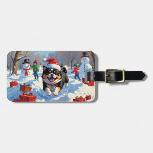 Etiqueta De Bagagem Japanese Chin Correndo na Neve com Chapéu de Natal