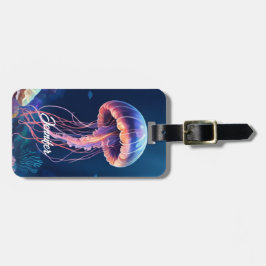 Etiqueta De Bagagem Jellyfish Art, White Script Name, Contact Info