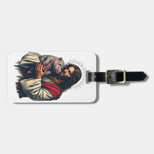 Etiqueta De Bagagem Jesus segurando um bebê Moo Deng Hippo