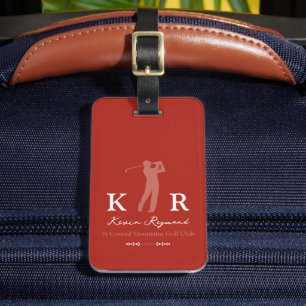 Etiqueta De Bagagem Jogador de Golfe Elegante Monograma Vermelho