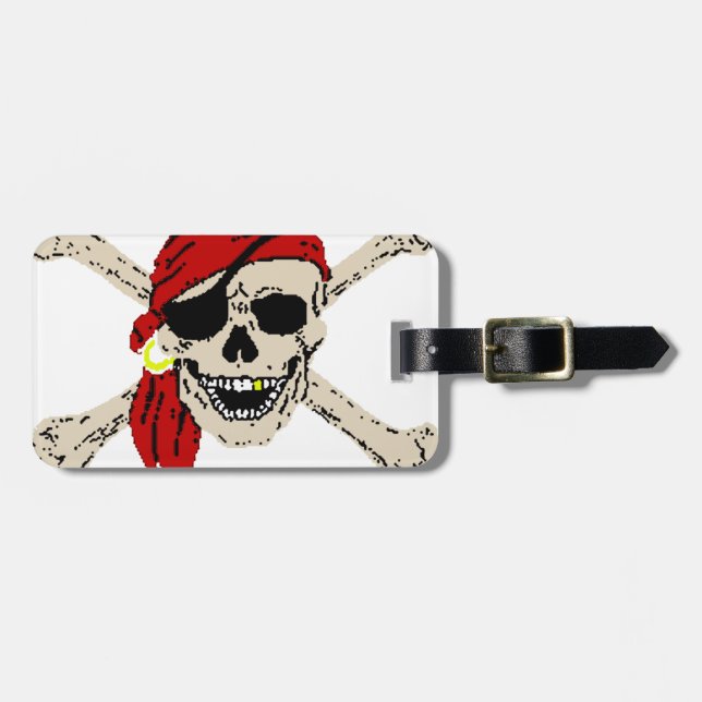 Etiqueta De Bagagem Jolly Roger Pirate Skull Bones Red Bandanna (Frente Horizontal)