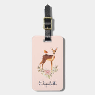 Etiqueta De Bagagem Jovem corça bonito de Brown com pássaro e rosas
