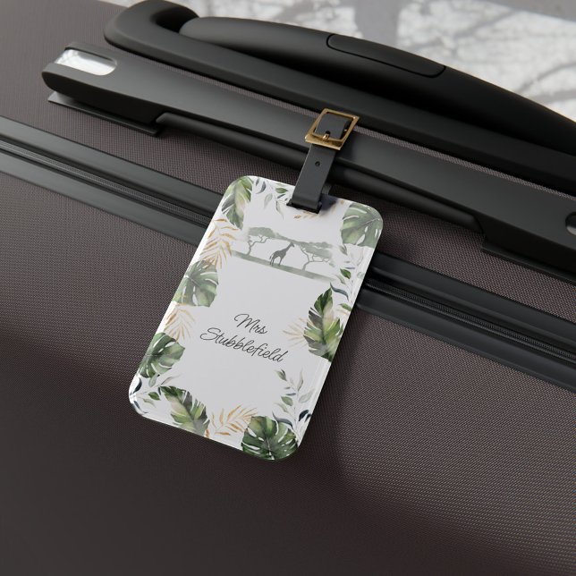 Etiqueta De Bagagem Jungle Safari Girafa Folhas de Palmeira Verde (Palm Leaves Watercolor Giraffe Bride Honeymoon Luggage Tag)