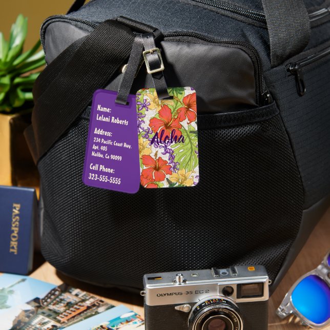 Etiqueta De Bagagem Keleah Tropical Havaiana Hibiscus e Orquídeas (Frente e verso)