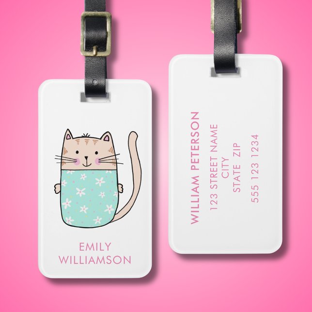 Etiqueta De Bagagem Kitty Cat Personalizado (Cute cat illustrated and personalized luggage tag.)