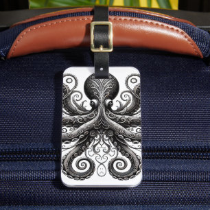 Etiqueta De Bagagem Kraken Steampunk Polvo Ornado Preto
