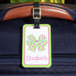 Etiqueta De Bagagem Laços Listrados de Rosa e Verde Personalizados Pre