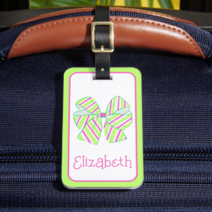Etiqueta De Bagagem Laços Listrados Rosa e Verde Personalizados Préppy