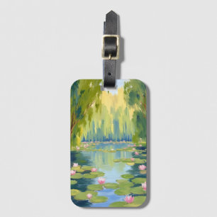 Etiqueta De Bagagem Lago de Flor de Lótus   Natureza em Aquarela Verde