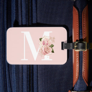 Etiqueta De Bagagem Lâmpada Floral Dourada com rosa de brilho e monogr