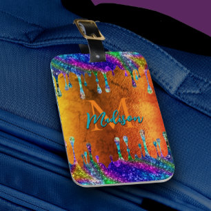 Etiqueta De Bagagem Laranja iridescente e acinzentada Diminui monogram