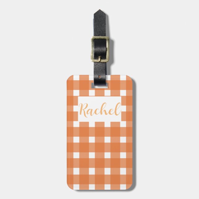 Etiqueta De Bagagem Laranja White Gingham Personalizado (Frente Vertical)