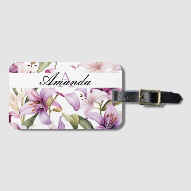 Etiqueta De Bagagem Leafy Purplish Leafy Pattern Monograma (Frente Horizontal)