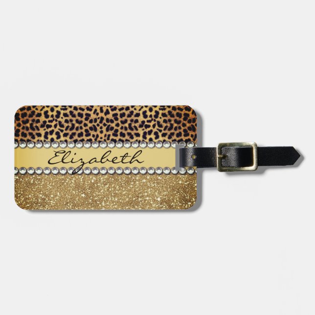 Etiqueta De Bagagem Leopard Spot Dourado Rinestone Adicione Nome (Frente Horizontal)