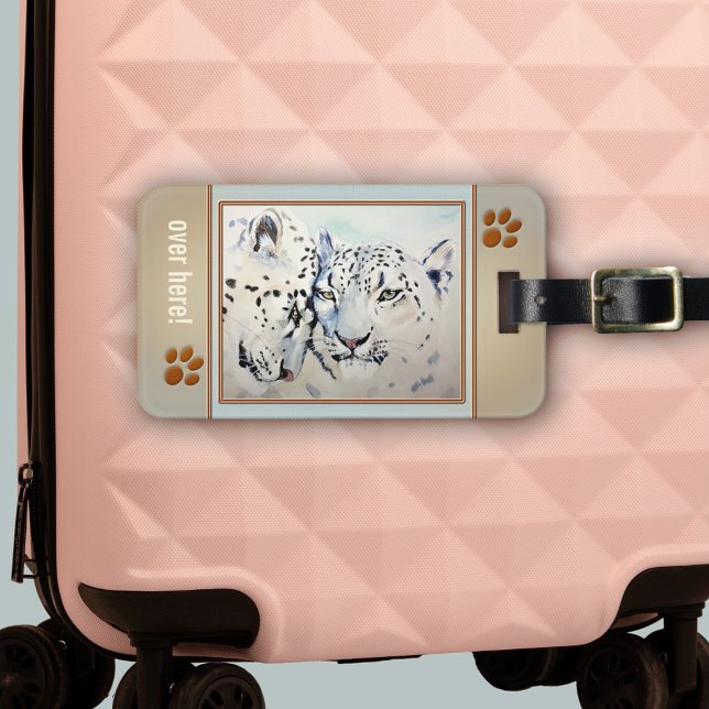 Etiqueta De Bagagem Leopardo Gato Grande Adoro Bagagem (Luggage tag featuring a watercolor of two lovely leopards framed by cute cat paws and your own text)