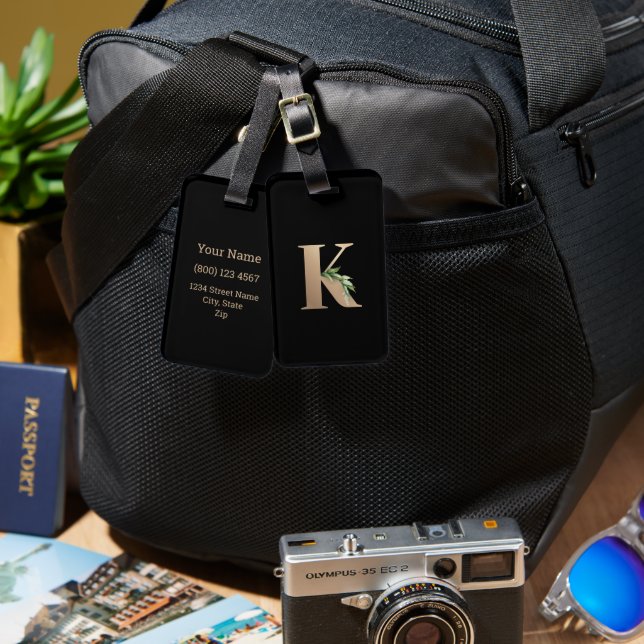 Etiqueta De Bagagem Letra Dourada Monograma Botânica Elegante K (Frente e verso)