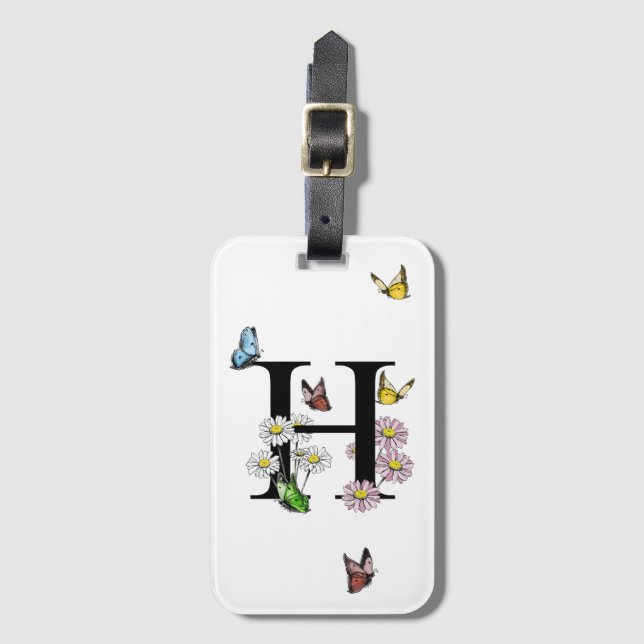 Etiqueta De Bagagem Letra H Floral Butterfly Monograma inicial (Frente Vertical)