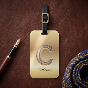 Etiqueta De Bagagem Letra Inicial C de Monograma de Diamante Glam Gold