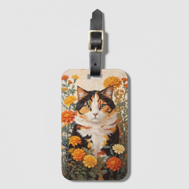 Etiqueta De Bagagem Linda Gato Calico Com Flores Marigold (Frente Vertical)