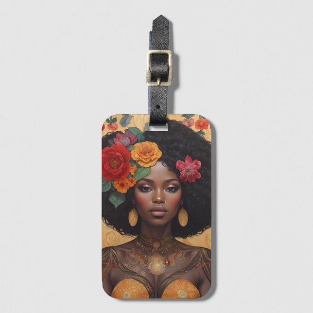 Etiqueta De Bagagem Linda Mulher Afro-Americana Com Flores (Frente Vertical)