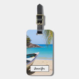 Etiqueta De Bagagem Linda praia tropical com um barco a remo
