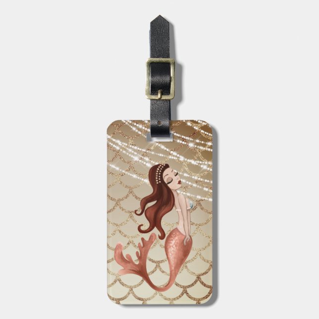 Etiqueta De Bagagem Linda Sereia em Rosa Dourado e conchas (Frente Vertical)
