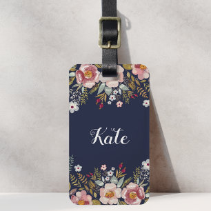 Etiqueta De Bagagem Lindo Floral Rosa Azul Naval Nome Personalizado