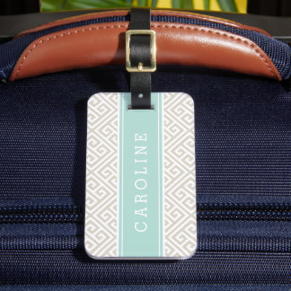 Etiqueta De Bagagem Linen Beige e Mint Grego - Monograma Personalizado