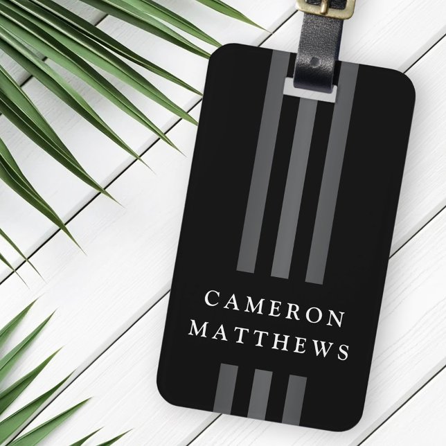 Etiqueta De Bagagem Linhas escuras elegantes, preto monograma moderno (Elegant dark lines modern monogrammed black luggage tag)
