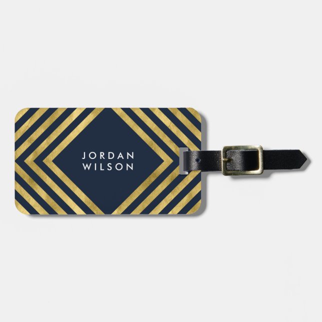 Etiqueta De Bagagem Linhas Geométricas Douradas Azuis Elegantes Modern (Frente Horizontal)