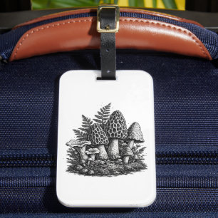 Etiqueta De Bagagem Linocut de cogumelos florestais vintage
