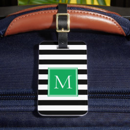Etiqueta De Bagagem Listra Preta e Branca com Monograma Verde Kelly