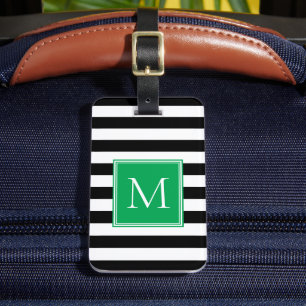 Etiqueta De Bagagem Listra Preta e Branca com Monograma Verde Kelly