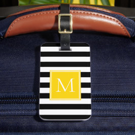 Etiqueta De Bagagem Listra Preto e Branco com Monograma Amarelo Sunshi
