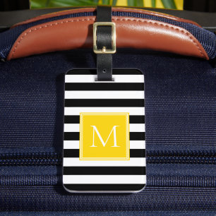 Etiqueta De Bagagem Listra Preto e Branco com Monograma Amarelo Sunshi