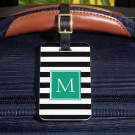Etiqueta De Bagagem Listra Preto e Branco com Monograma Esmeralda