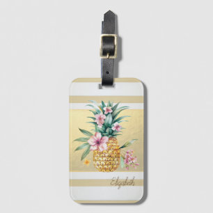 Etiqueta De Bagagem Listras Douradas Modernas, Flor de Abacaxi